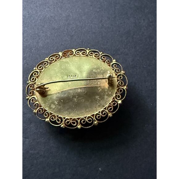 Vtg Green Onyx Carbachon Semi Precious Stone Brooch Gold Tone Filagree Italy 70s - Picture 2 of 6